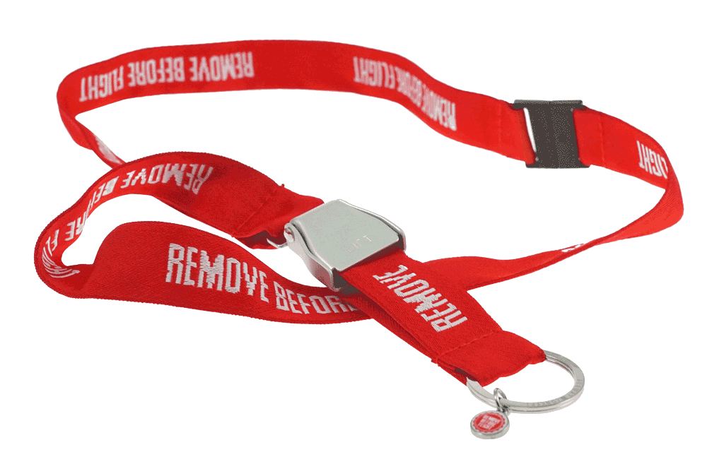 RBF-Originals Schlüsselhalsband (Lanyard) REMOVE BEFORE FLIGHT mit Mini-Seatbelt-Schnalle